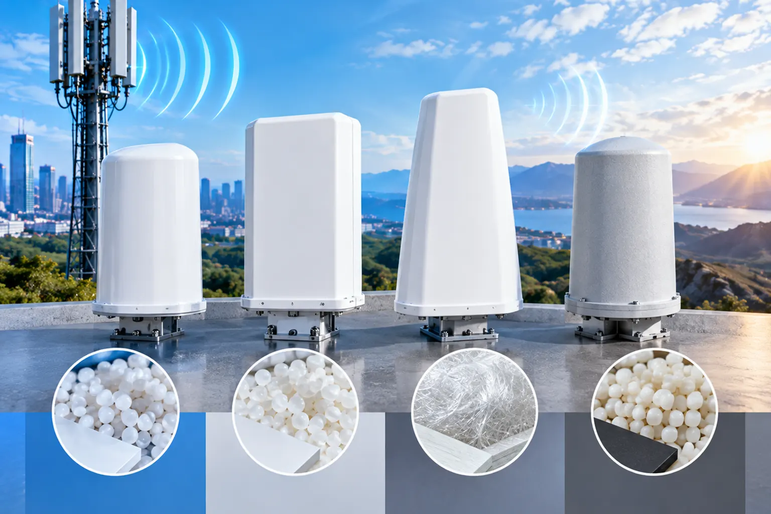 针对户外通信天线的ASA、UPVC、玻璃纤维和ABS外壳，对天线雷达罩材料进行比较。.